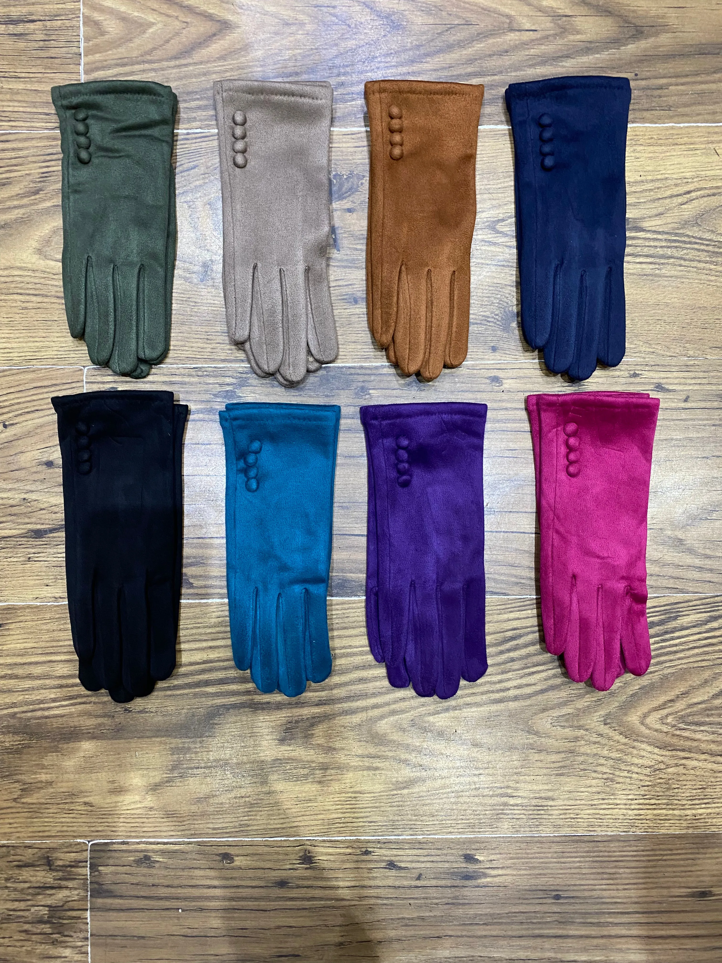 Super Stretchy Plain Suedette Gloves With Button Detail (3 Colours)