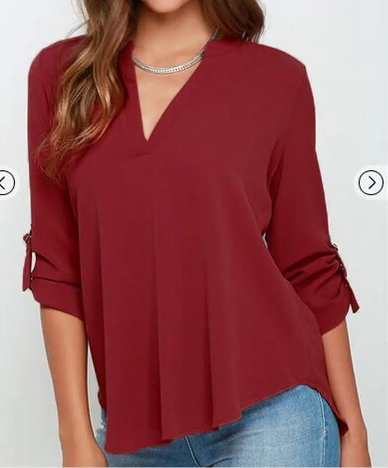 V-neck Chiffon Wrinkle Loose Plus Size Blouse
