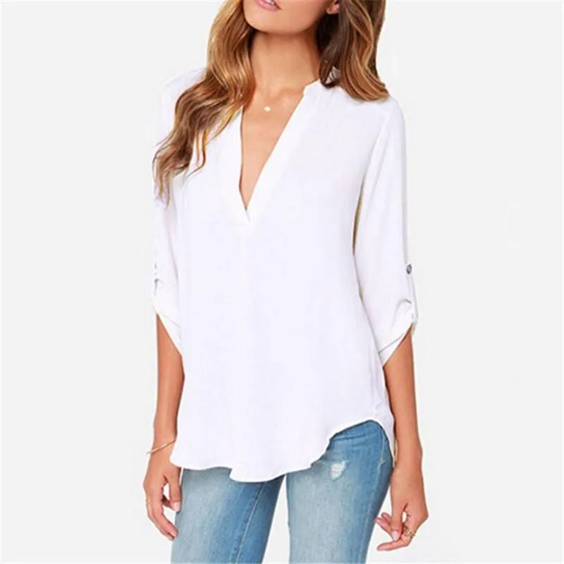 V-neck Chiffon Wrinkle Loose Plus Size Blouse