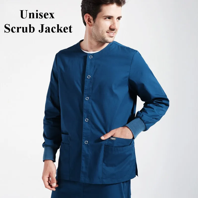 Warm-Up Jacket Men Scrub Set Natural Uniforms Warm-Up Jackets Front Snaps Round Neck Nurse Workwear