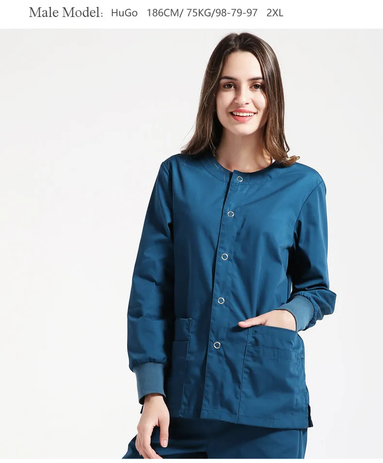 Warm-Up Jacket Men Scrub Set Natural Uniforms Warm-Up Jackets Front Snaps Round Neck Nurse Workwear