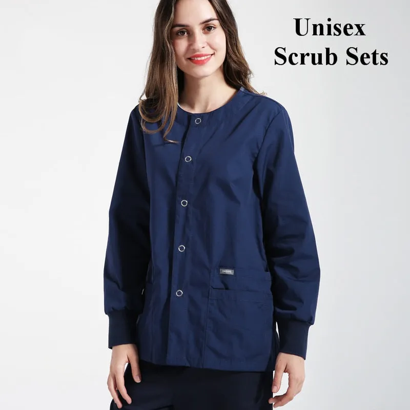 Warm-Up Jacket Men Scrub Set Natural Uniforms Warm-Up Jackets Front Snaps Round Neck Nurse Workwear