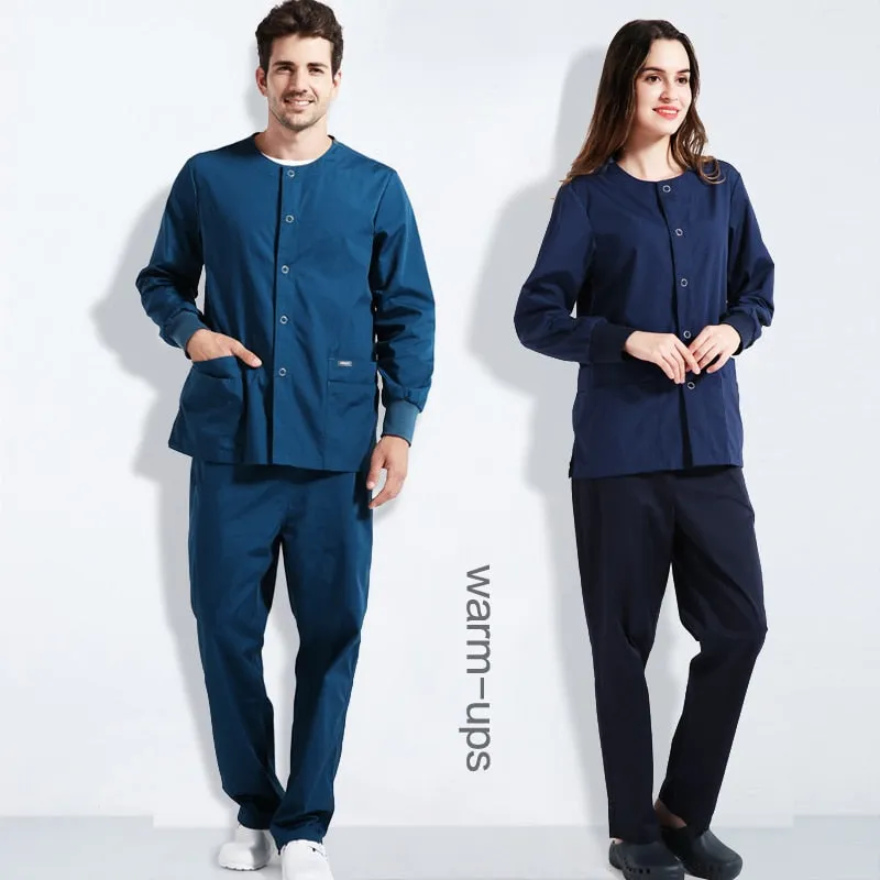 Warm-Up Jacket Men Scrub Set Natural Uniforms Warm-Up Jackets Front Snaps Round Neck Nurse Workwear