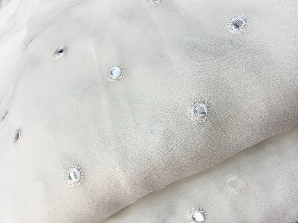White Motifs Mirror Embroidered Dyeable Pure Georgette Fabric (Wholesale)