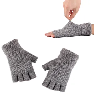 Winter Warm Fingerless Gloves Thermal Half Finger Knitted Mittens Light Grey