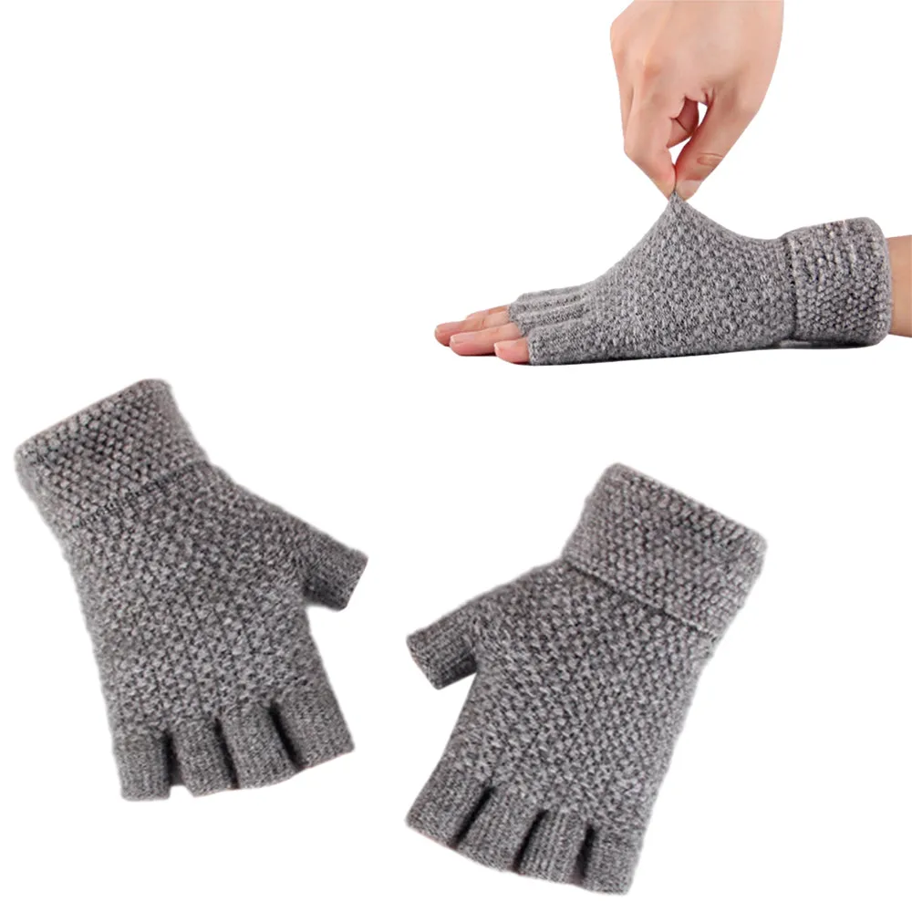 Winter Warm Fingerless Gloves Thermal Half Finger Knitted Mittens Light Grey