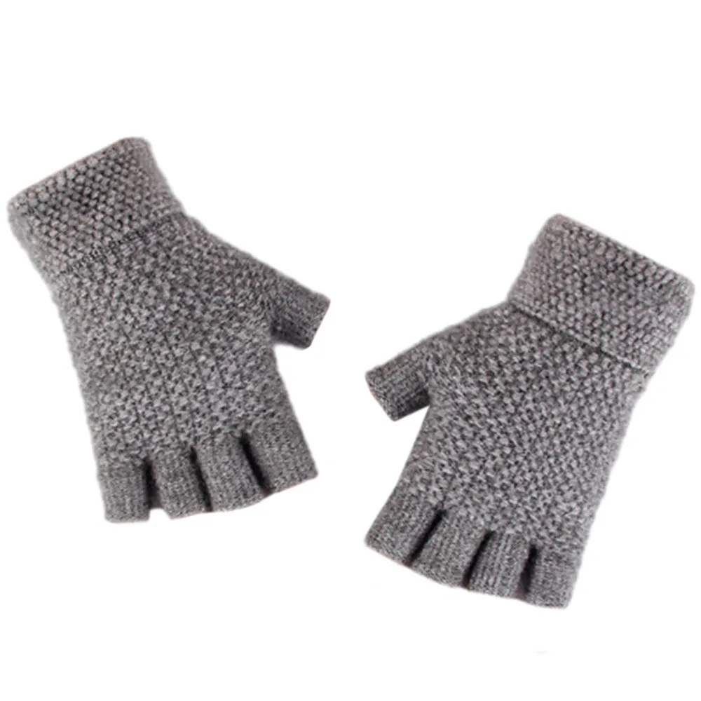 Winter Warm Fingerless Gloves Thermal Half Finger Knitted Mittens Light Grey