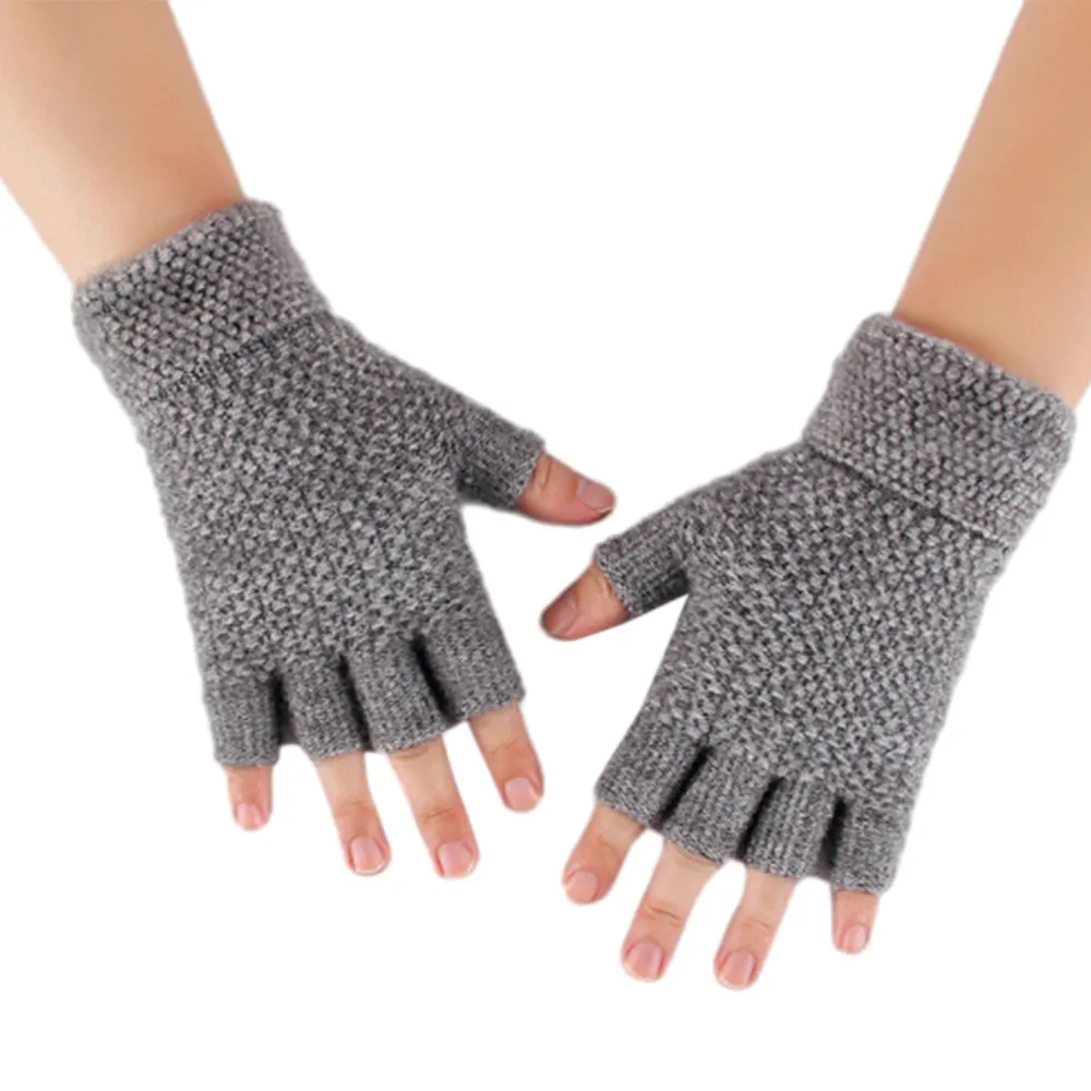 Winter Warm Fingerless Gloves Thermal Half Finger Knitted Mittens Light Grey