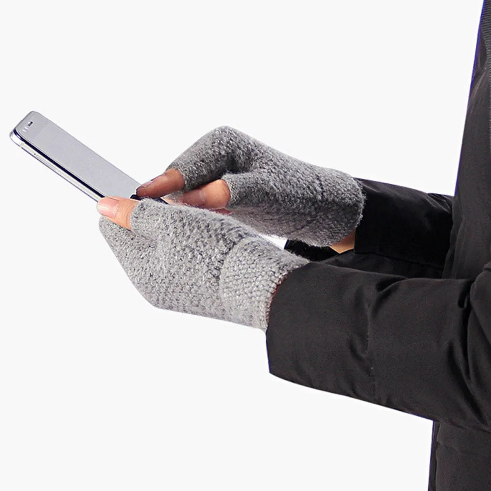 Winter Warm Fingerless Gloves Thermal Half Finger Knitted Mittens Light Grey