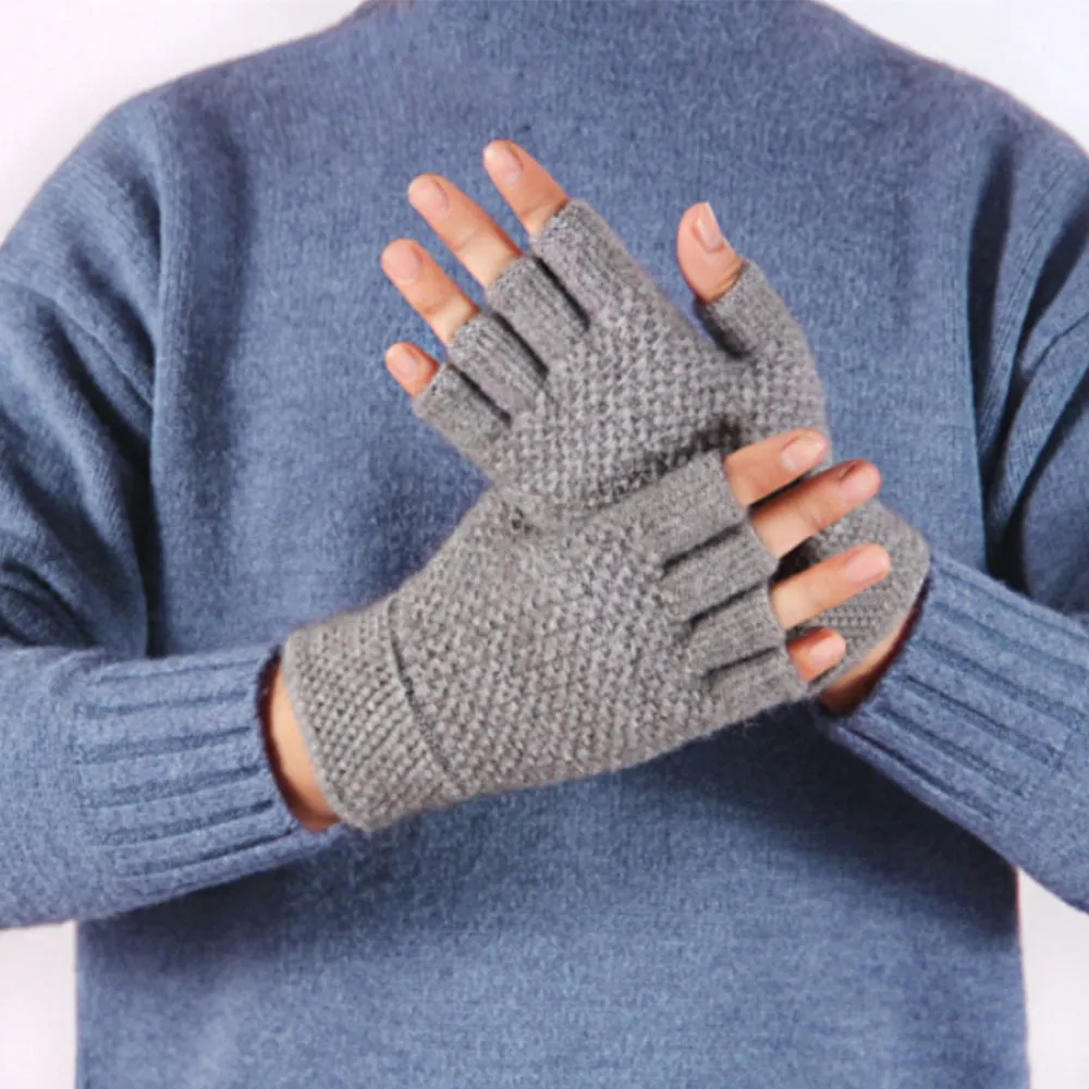 Winter Warm Fingerless Gloves Thermal Half Finger Knitted Mittens Light Grey