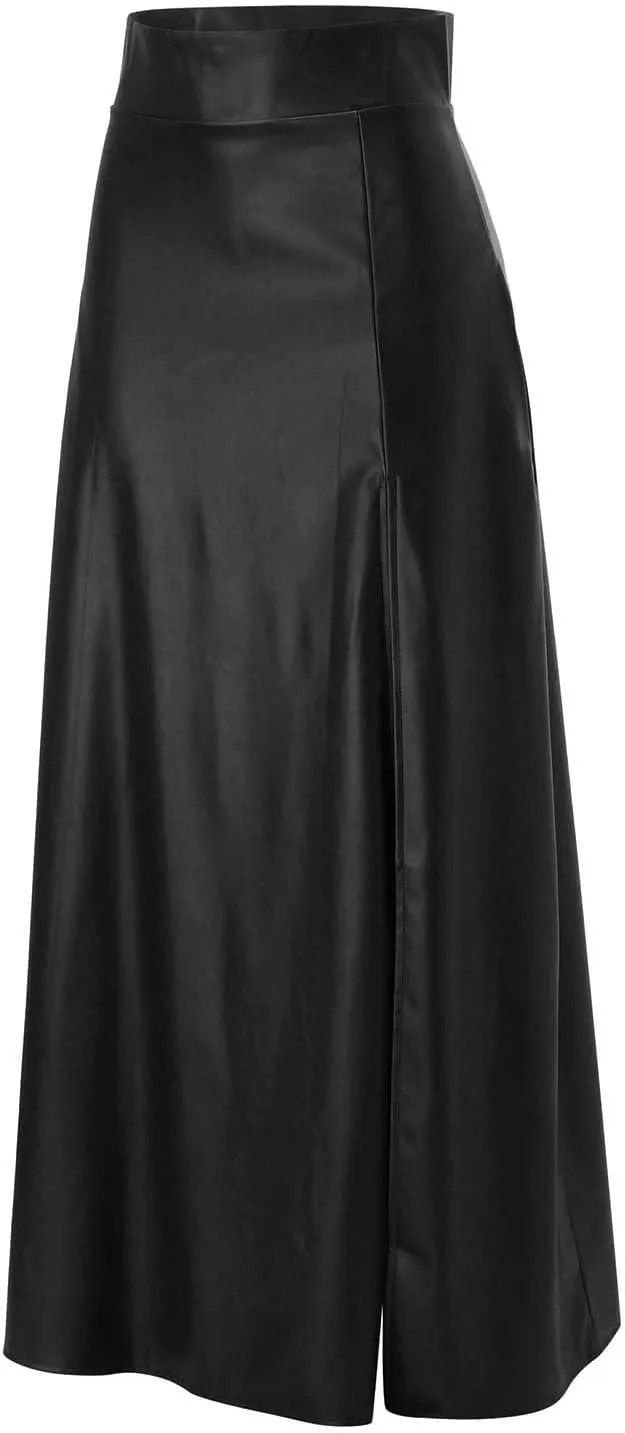 Woman Sexy PU Leather High Split Skirt High Waist Streetwear Long Maxi Skirts Solid Color A-Line Skirt