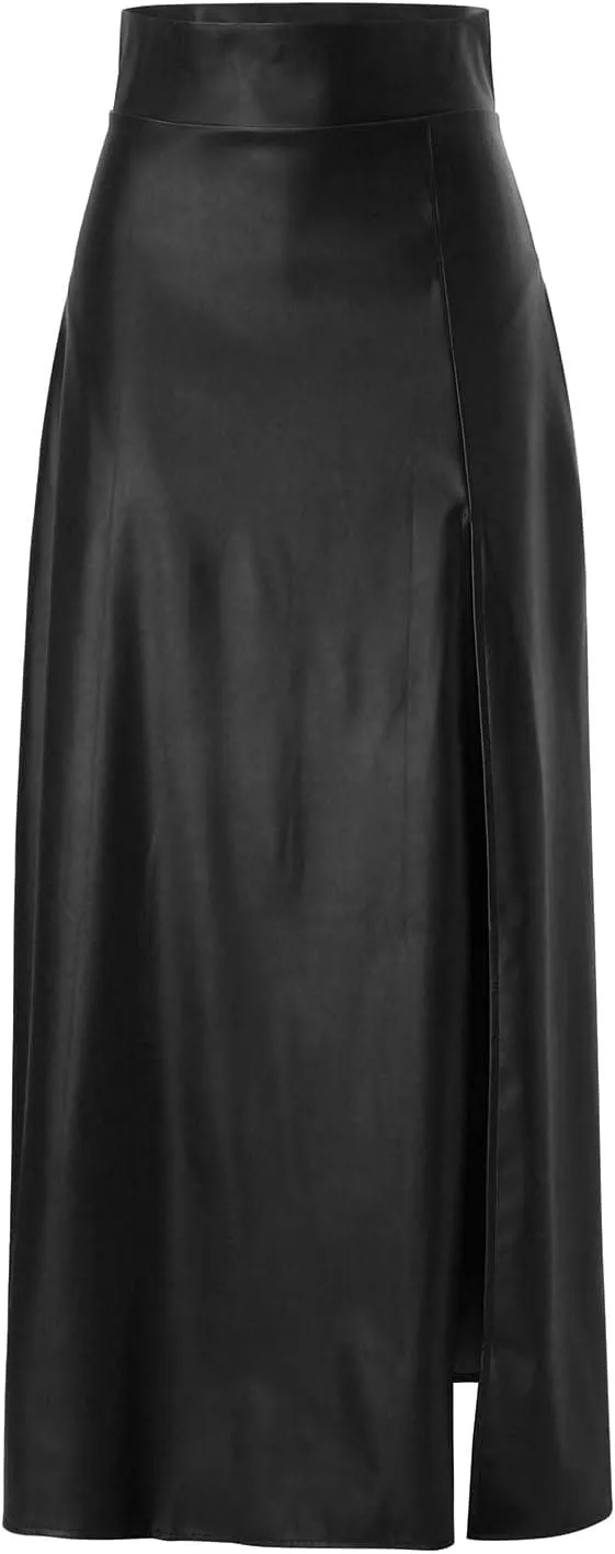 Woman Sexy PU Leather High Split Skirt High Waist Streetwear Long Maxi Skirts Solid Color A-Line Skirt