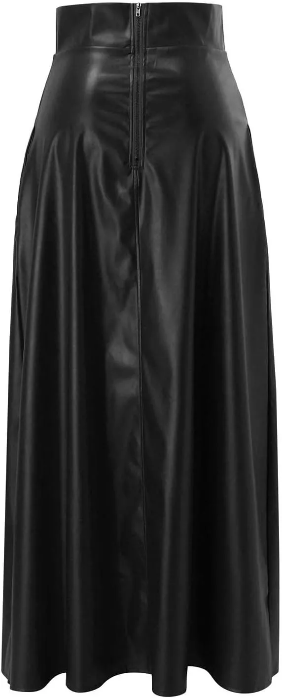 Woman Sexy PU Leather High Split Skirt High Waist Streetwear Long Maxi Skirts Solid Color A-Line Skirt
