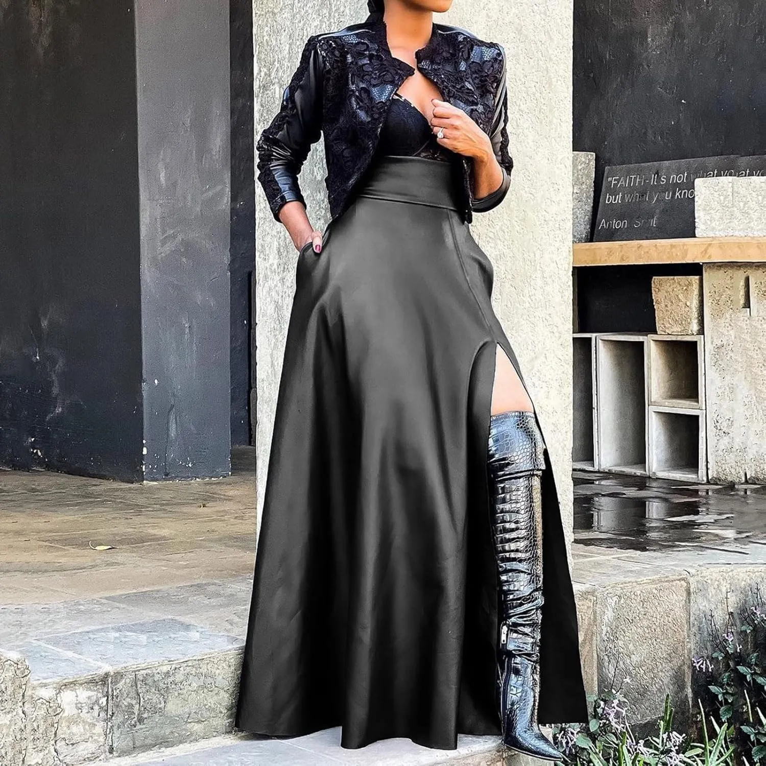 Woman Sexy PU Leather High Split Skirt High Waist Streetwear Long Maxi Skirts Solid Color A-Line Skirt