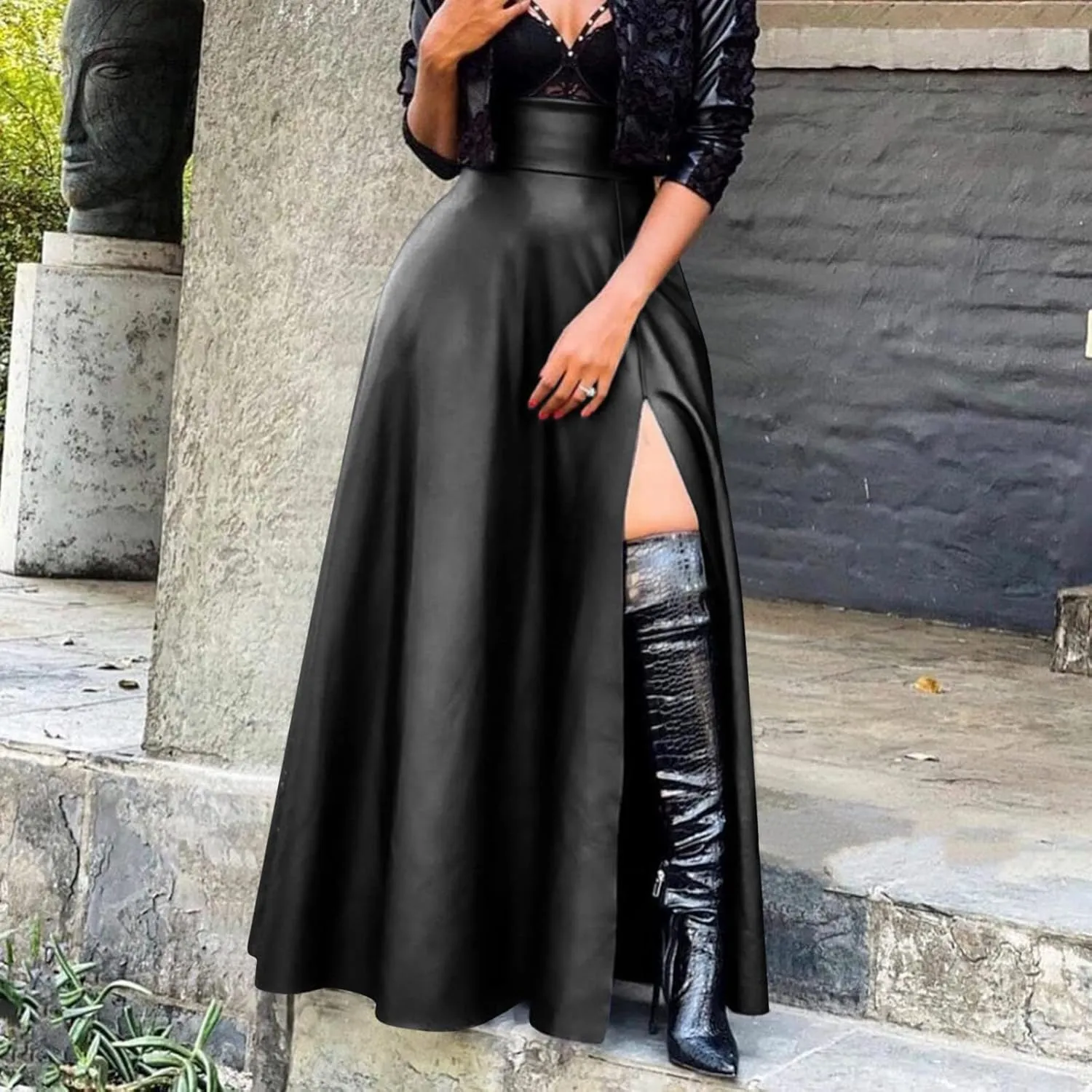 Woman Sexy PU Leather High Split Skirt High Waist Streetwear Long Maxi Skirts Solid Color A-Line Skirt
