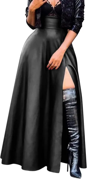 Woman Sexy PU Leather High Split Skirt High Waist Streetwear Long Maxi Skirts Solid Color A-Line Skirt