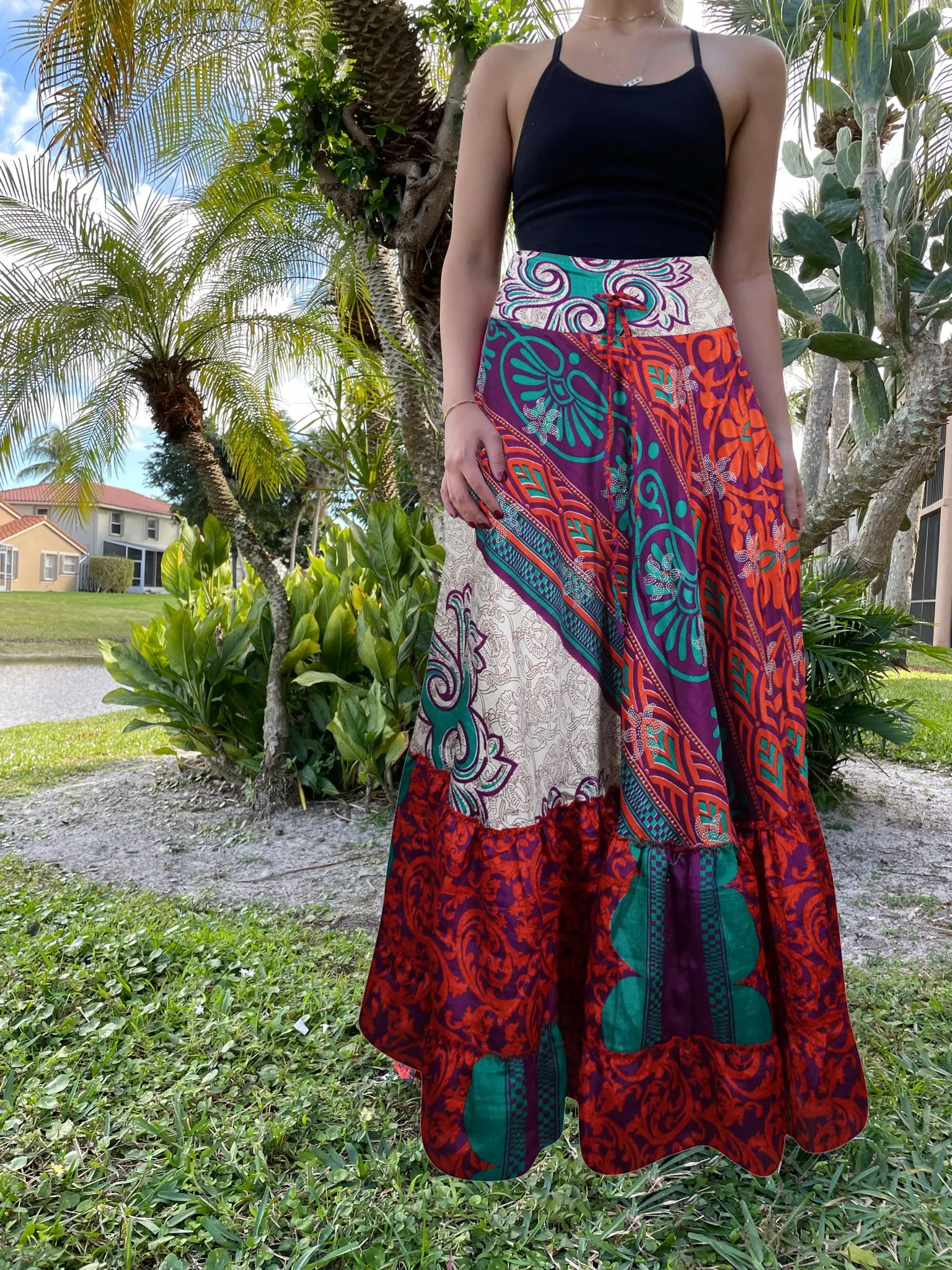 Woman's Maxi Skirt Sapphire Red Floral Skirt Tiered Stylish Boho Skirt ML