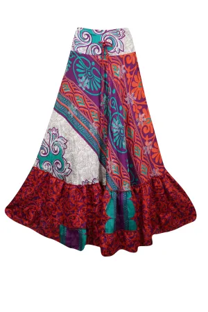 Woman's Maxi Skirt Sapphire Red Floral Skirt Tiered Stylish Boho Skirt ML