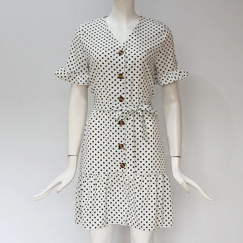 Women Chiffon Casual Short Sleeve Polka Dot  Boho Mini Elegant V Neck Dress