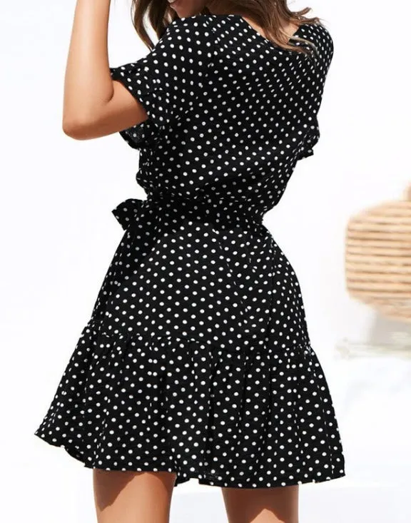 Women Chiffon Casual Short Sleeve Polka Dot  Boho Mini Elegant V Neck Dress