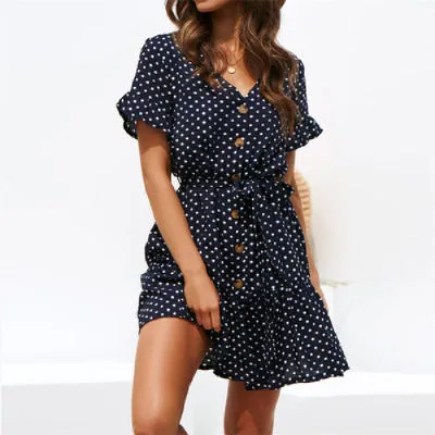 Women Chiffon Casual Short Sleeve Polka Dot  Boho Mini Elegant V Neck Dress