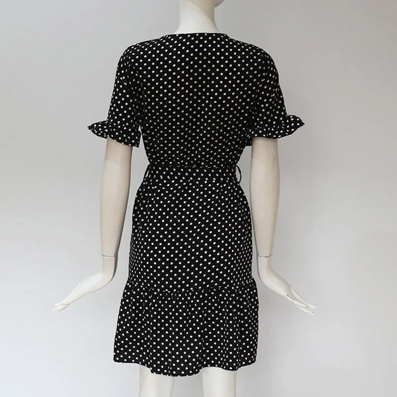 Women Chiffon Casual Short Sleeve Polka Dot  Boho Mini Elegant V Neck Dress