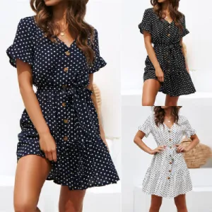 Women Chiffon Casual Short Sleeve Polka Dot  Boho Mini Elegant V Neck Dress