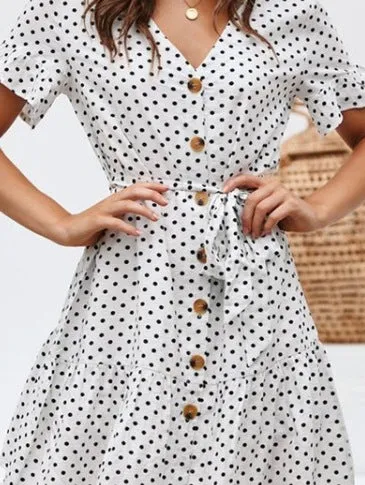 Women Chiffon Casual Short Sleeve Polka Dot  Boho Mini Elegant V Neck Dress