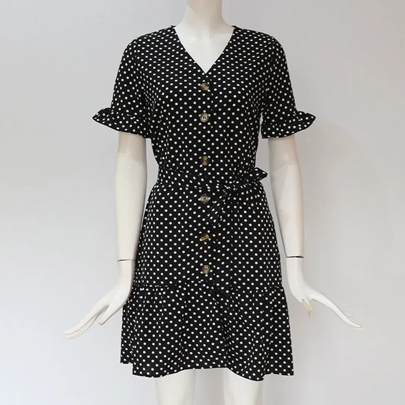 Women Chiffon Casual Short Sleeve Polka Dot  Boho Mini Elegant V Neck Dress