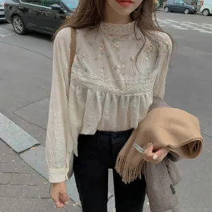 Women Lace Blouses | Stand Collar Women Lace Top | Summer Fancy Top | Women Blouse | Long Sleeve Blouses | Korea Japan Style Lace Top Shirt