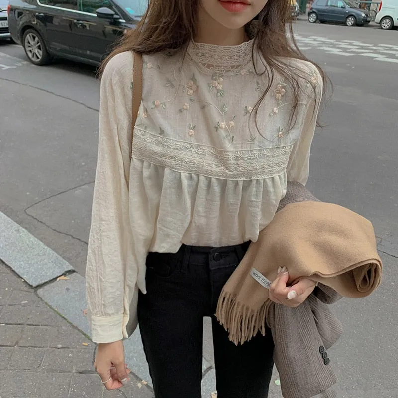 Women Lace Blouses | Stand Collar Women Lace Top | Summer Fancy Top | Women Blouse | Long Sleeve Blouses | Korea Japan Style Lace Top Shirt