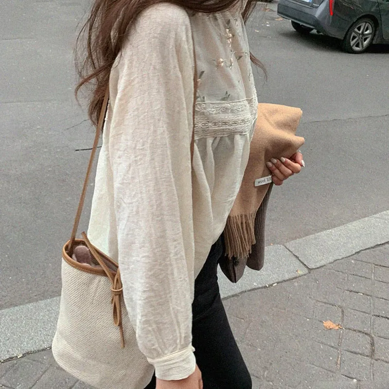 Women Lace Blouses | Stand Collar Women Lace Top | Summer Fancy Top | Women Blouse | Long Sleeve Blouses | Korea Japan Style Lace Top Shirt