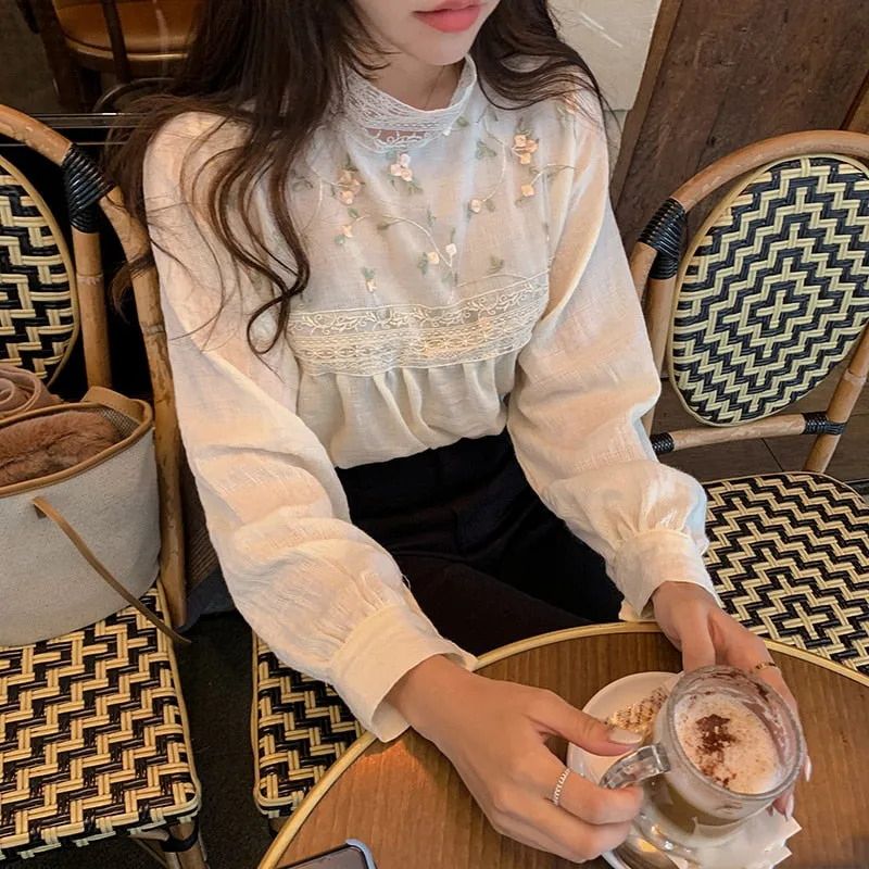 Women Lace Blouses | Stand Collar Women Lace Top | Summer Fancy Top | Women Blouse | Long Sleeve Blouses | Korea Japan Style Lace Top Shirt