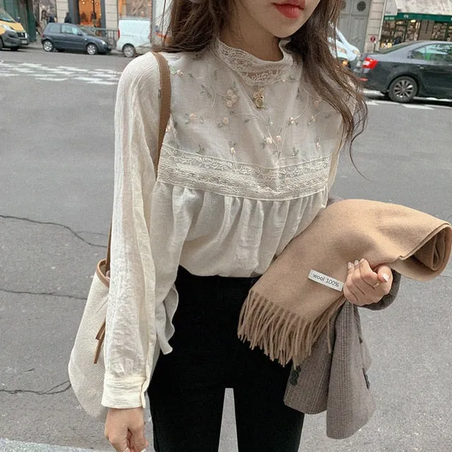 Women Lace Blouses | Stand Collar Women Lace Top | Summer Fancy Top | Women Blouse | Long Sleeve Blouses | Korea Japan Style Lace Top Shirt