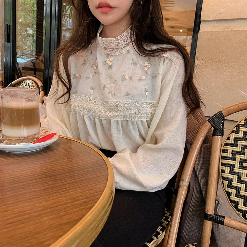 Women Lace Blouses | Stand Collar Women Lace Top | Summer Fancy Top | Women Blouse | Long Sleeve Blouses | Korea Japan Style Lace Top Shirt