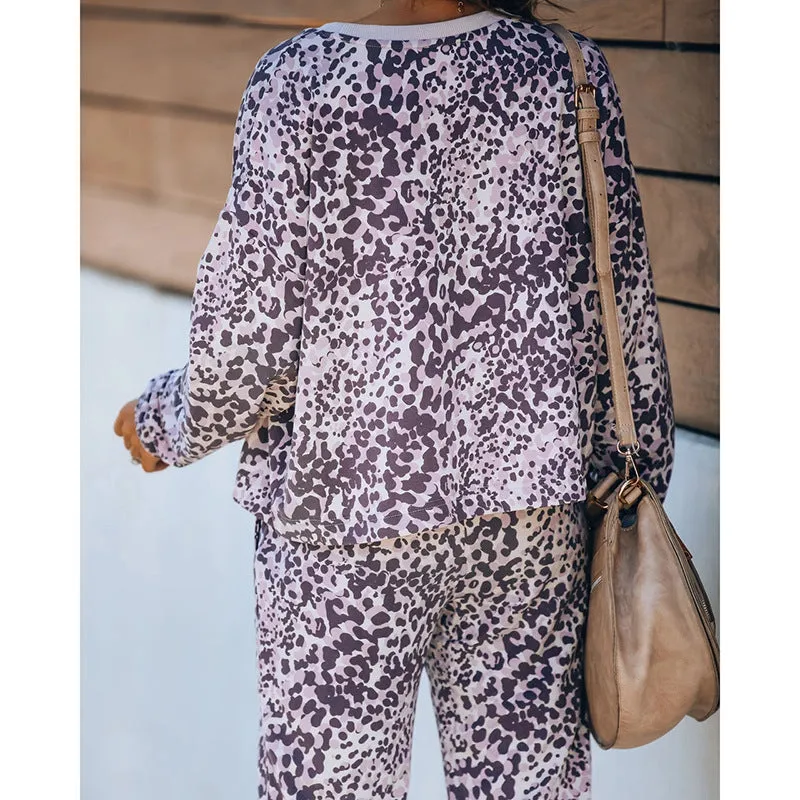 Women Leopard Print Tie Dye 2 Piece Pajamas V-Neck Long Sleeve Drawstring Pants Pockets