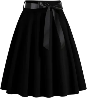Women Retro Hepburn Trendy Midi Skirt, High Waist Lace-Up A-Line Skirts Fashion Skater Flared Skirts Evening Clothes