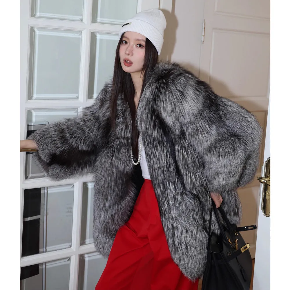 Women Silver Fox Fur Mid Length Coat