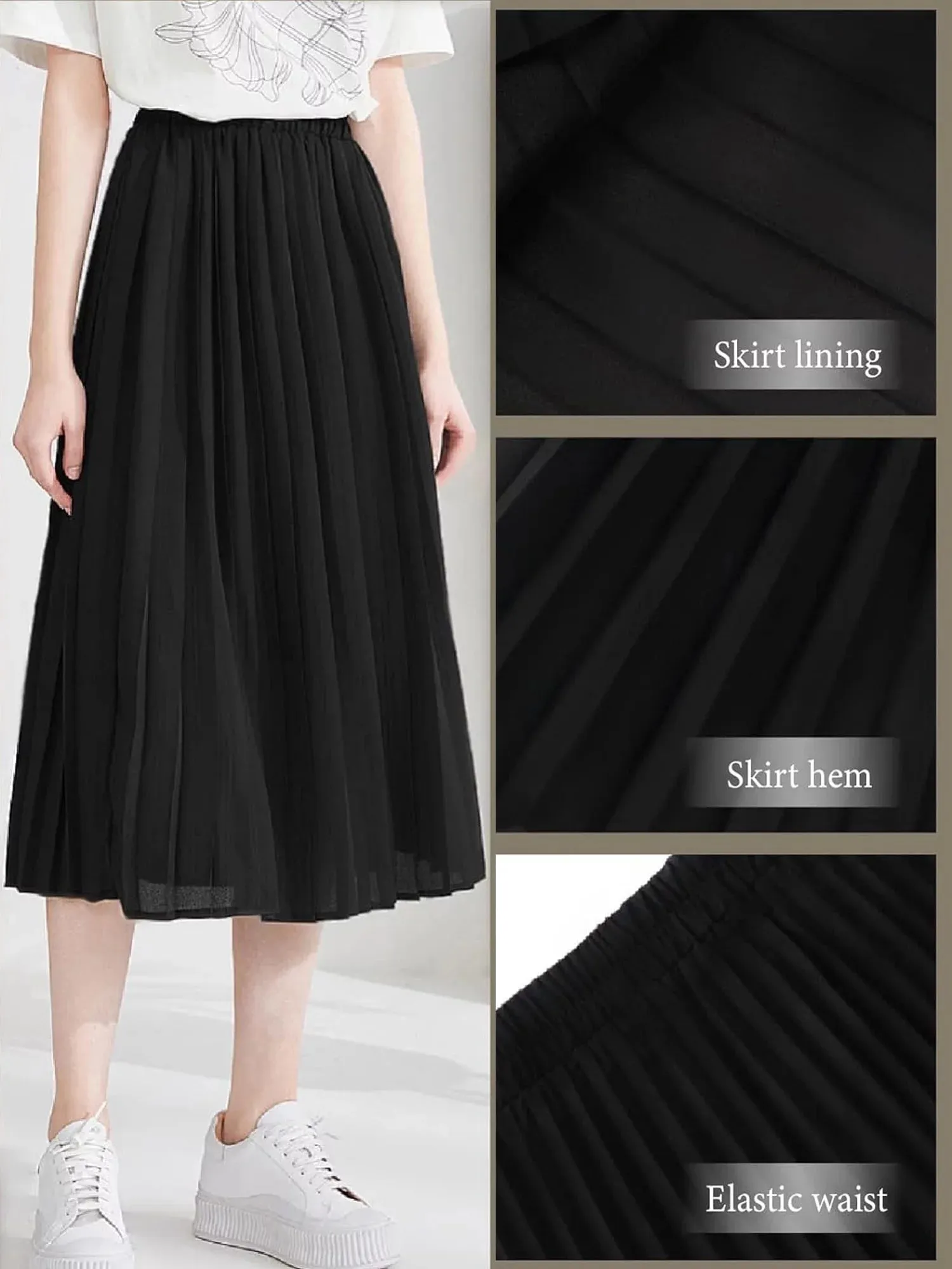 Women Skirts Black Pleated Skirt Midi Long Cheetah High Waist Ladies Elasticized Summer a Line Skirts for Work Office S