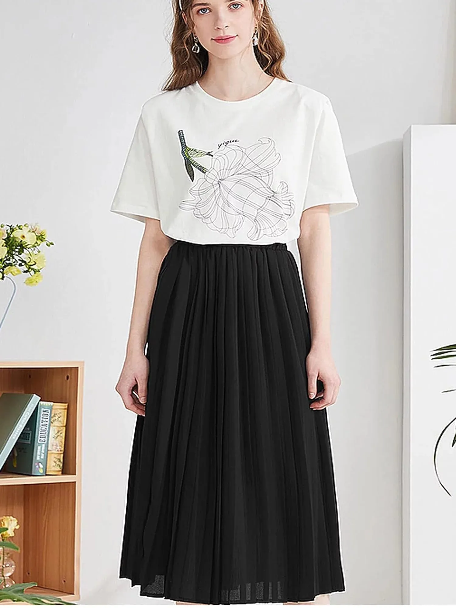 Women Skirts Black Pleated Skirt Midi Long Cheetah High Waist Ladies Elasticized Summer a Line Skirts for Work Office S