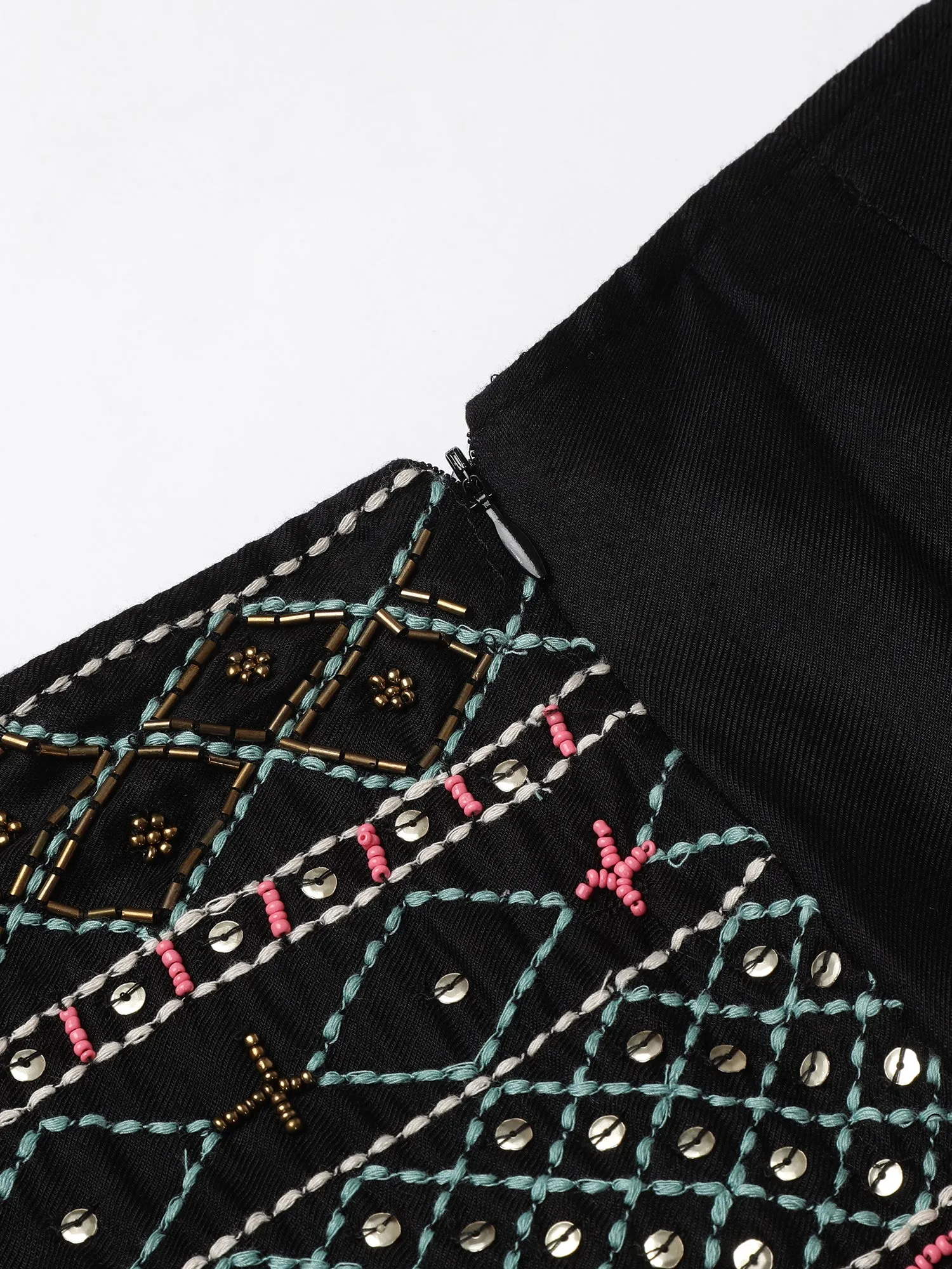Women Slim Fit Black Embellished Mini Skirt