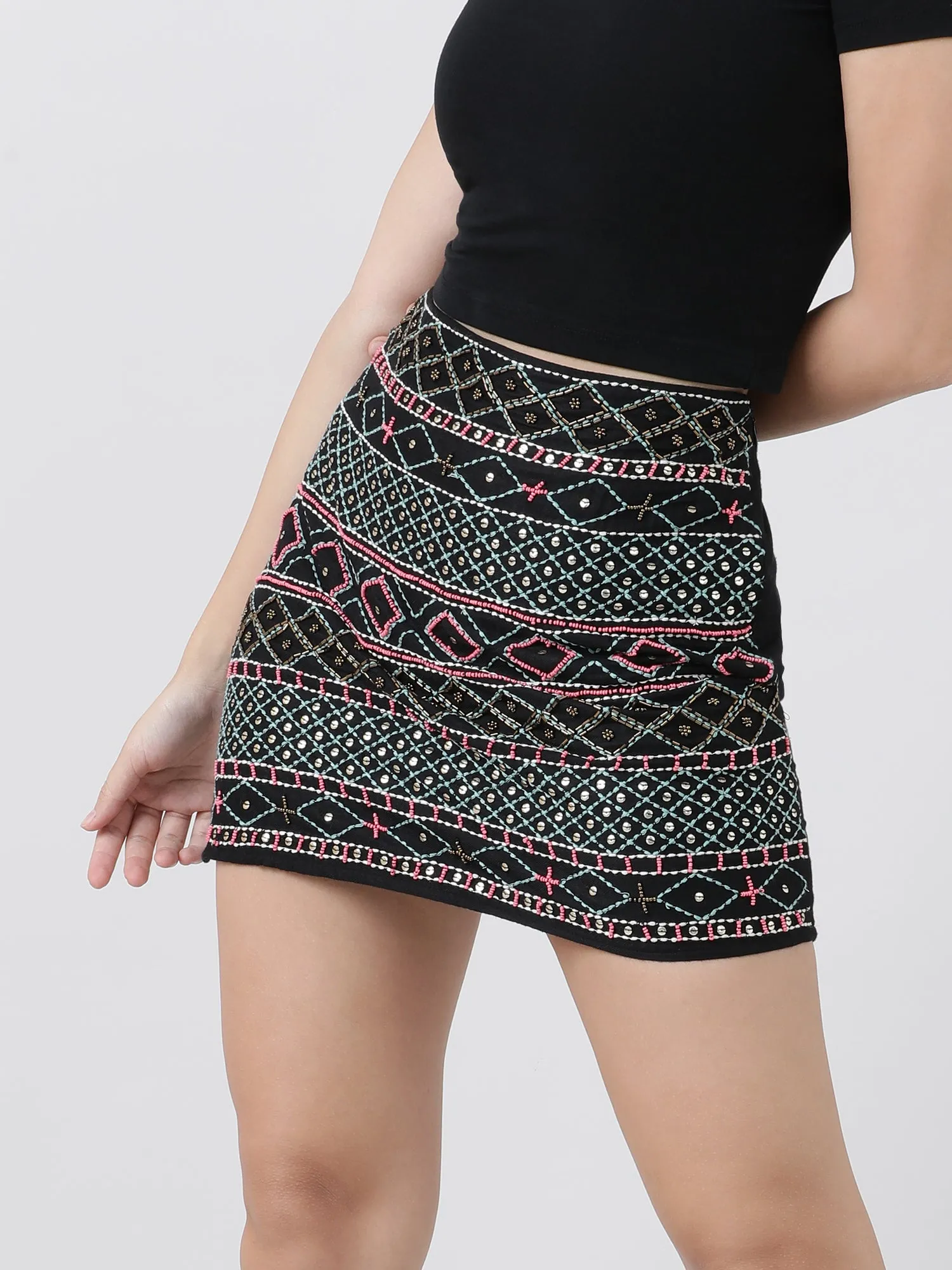 Women Slim Fit Black Embellished Mini Skirt