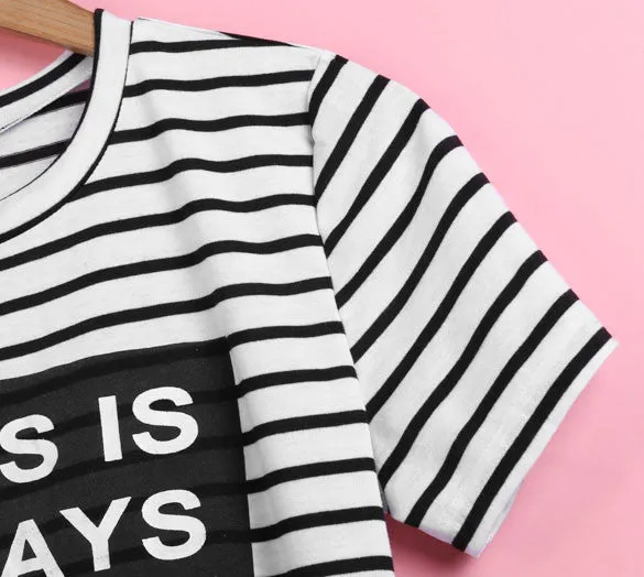 Women Striped Short Sleeve Side Split Tops Blouse