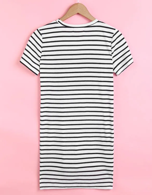 Women Striped Short Sleeve Side Split Tops Blouse