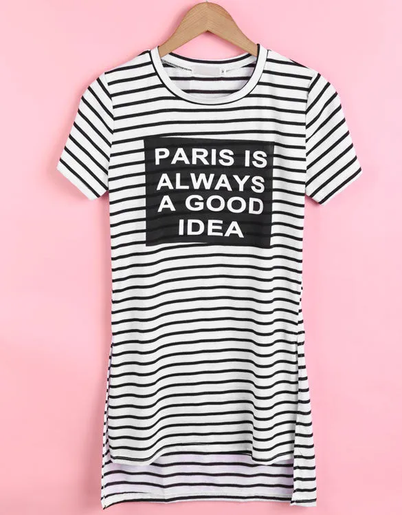 Women Striped Short Sleeve Side Split Tops Blouse