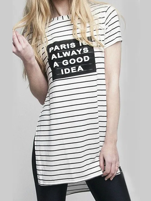 Women Striped Short Sleeve Side Split Tops Blouse