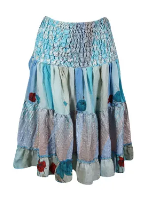Womens Blue Ruched Floral Beach Recycle Silk Skirts S/M