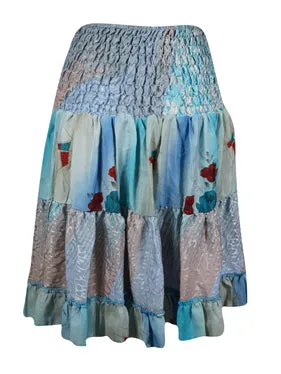 Womens Blue Ruched Floral Beach Recycle Silk Skirts S/M