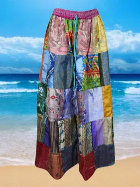 Womens Flared Maxi Skirt, Blue Oasis Summer Beach Recycle Silk Patchwork Skirt, S/M/L