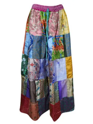 Womens Flared Maxi Skirt, Blue Oasis Summer Beach Recycle Silk Patchwork Skirt, S/M/L